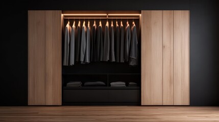 A stylish display of suits hanging in compartments of a modern wooden wardrobe, accentuated by overhead lighting that enhances their pristine condition and elegance.