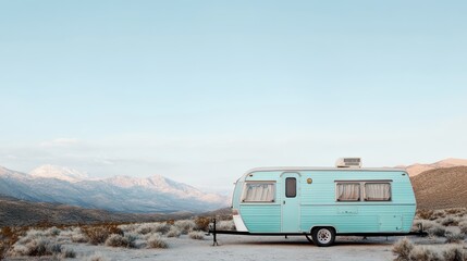 A classic turquoise trailer rests in the middle of a barren desert scene with rugged mountains in the background, symbolizing solitude and journey, elegantly captured.