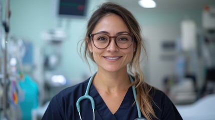 A nurse wearing glasses and dark scrubs stands proudly in a medical center, exuding wisdom and authority in her caring profession.