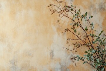 A Branch of Green Leaves Against a Textured Tan Wall