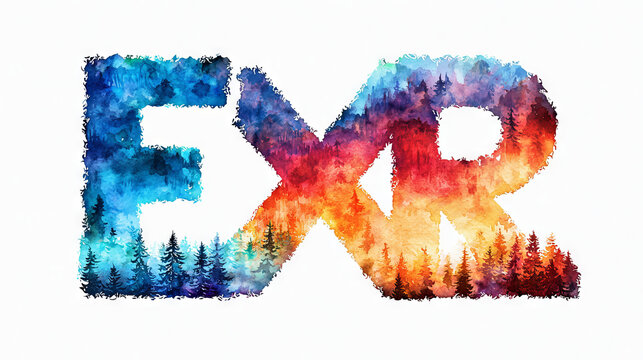 The letters 'EXR' made of forest and sky.