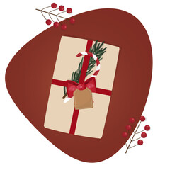 Festive Christmas Gift with Bow. A wrapped Christmas gift with a red ribbon, a sprig of rosemary, a candy cane, and a gift tag