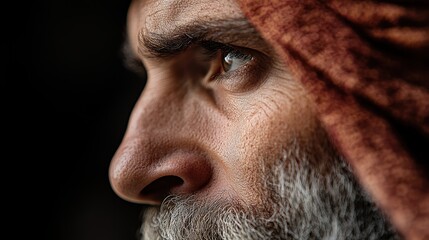 Obraz premium A detailed closeup photograph focusing on the profile view of a subject with a prominent nose, set against a dark background, emphasizing skin texture and shadows.