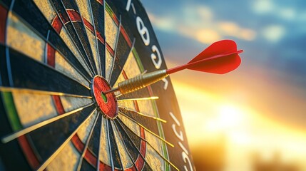 Business Success Achieve Goal  A dynamic shot of a dart piercing the center of a target board