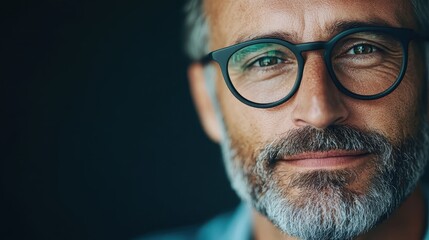 A close-up portrait of a mature man wearing glasses, featuring a distinct beard and piercing eyes, exuding wisdom and calmness against a dark background.