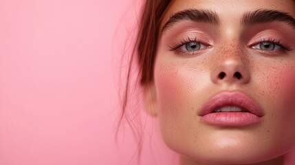 A close-up portrait of a woman with striking makeup and clear blue eyes against a pink backdrop, highlighting freckled skin and an intense expression.