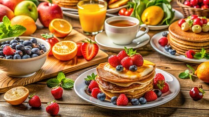 Fototapeta premium A delightful breakfast spread showcases fluffy pancakes, scrambled eggs, golden toast, vibrant fresh fruit, and steaming coffee, creating a perfect morning feast for all.