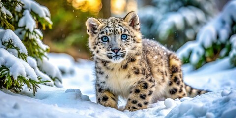 Adorable Snow Leopard Cub Playfully Exploring Its Natural Habitat in a Winter Wonderland Setting