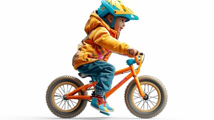 Obraz premium Young boy in a yellow jacket riding an orange bicycle with a blue helmet