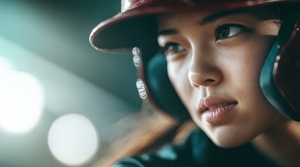 A determined female athlete is captured during a baseball game, showcasing grit and focus as she prepares to hit, wearing a helmet and protective gear.