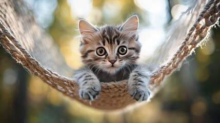  Kitten relaxing in hammock with paws gripping and gazing at camera