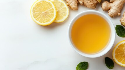 A delightful image featuring a cup of herbal tea alongside fresh ginger, lemon slices, and mint leaves, representing the perfect blend of healthy and fragrant ingredients for a balanced drink.