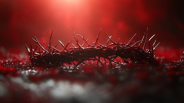 A close-up of a thorny crown of thorns on a red background with a bright light shining through. - Powered by Adobe