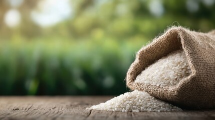 This image features a rustic sack of rice spilling out onto a wooden surface with a soft-focused green outdoor background, symbolizing abundance and natural simplicity.