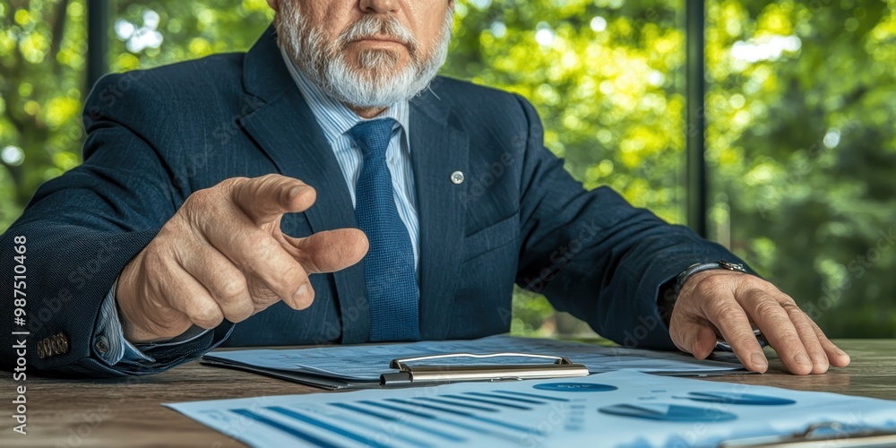 Poster focused businessman presenting data with graphs in a modern office with greenery in the background.