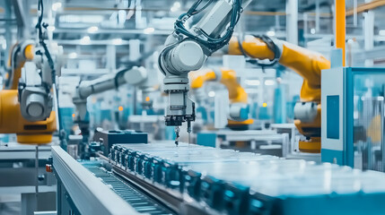 Fototapeta premium Advanced automated battery production line with robotic arms assembling lithium-ion cells on conveyor belt. Skilled workers in protective gear supervising high-tech manufacturing process. Industrial i