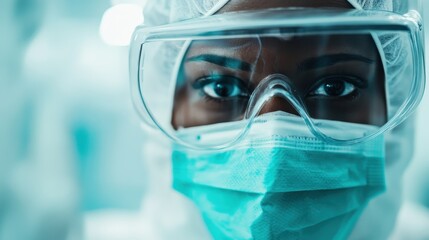 An image showing a medical professional wearing comprehensive protective gear such as mask, goggles, and gown in a clinical setting, emphasizing safety and dedication in healthcare.