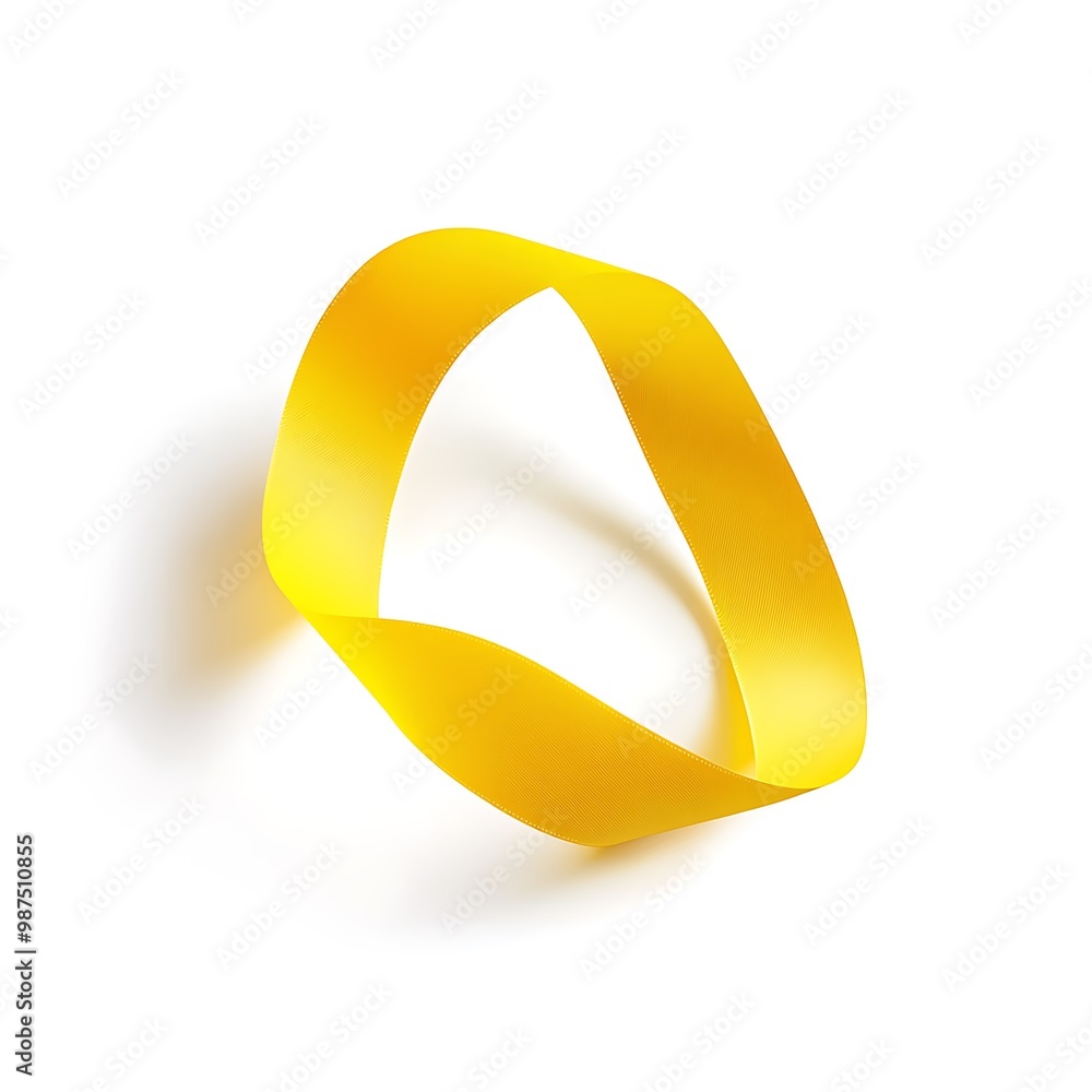 Poster a yellow ribbon is twisted into a loop and sits on a white background.