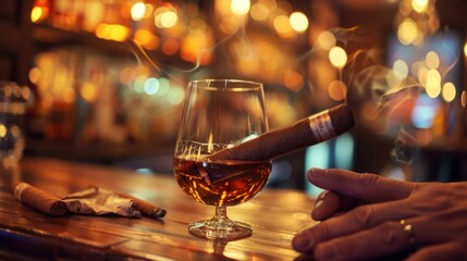 "Man Enjoys a Cigar and a Fine Glass of Brandy on a Rustic Bar Counter in a Cozy Nighttime Pub Setting"