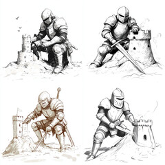 Knight build sand castle sketch on white background