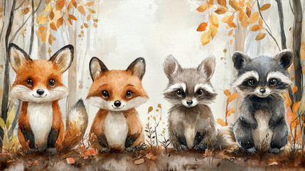 Two foxes and two raccoons in an autumn forest.
