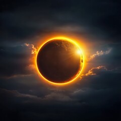 Stunning solar eclipse with a golden halo illuminating dark clouds in the background.
