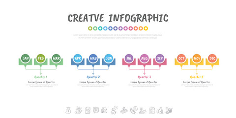 Infographic quarterly template for presentation 12 months in 4 quarter can be used for workflow layout, process diagram, flow chart.