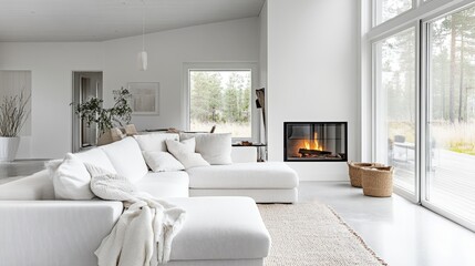 Bright and airy Scandinavian living room featuring a white corner sofa, fireplace, and minimal decor in a modern, open space