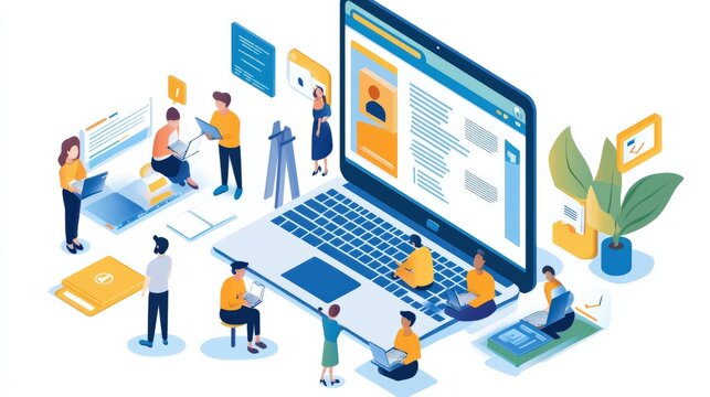 A corporate e-learning solution scene, where employees access professional development courses online, with interactive content designed for workplace skill enhancement