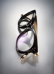 Close-up of horn-rimmed glasses.
