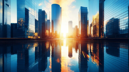Fototapeta premium A modern skyscrapers of a smart city, futuristic district with buildings and reflections on the water surface, blue color background for corporate and business with sun rays of light.