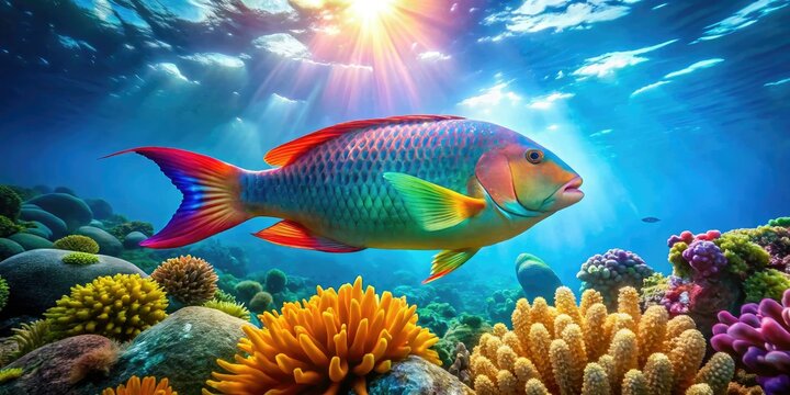 A lively parrot fish glides through crystal-clear tropical waters, showcasing its vibrant colors against the stunning backdrop of a sunlit coral reef below.