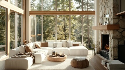 Bright living room with white corner sofa, stone fireplace, and modern Scandinavian decor, framed by floor-to-ceiling windows