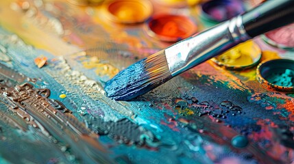 Fototapeta premium Paintbrush Resting on a Palette with Vibrant Colors