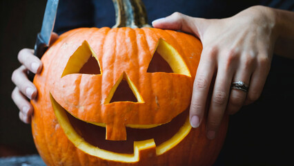 Hands carving a pumpkin with a knife, creating a Jack-o'-lantern face, against a dark background. Concept of Halloween preparation and creativity.