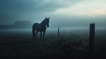   A horse stands in a foggy field with a fence in the foreground and a dark sky in the background