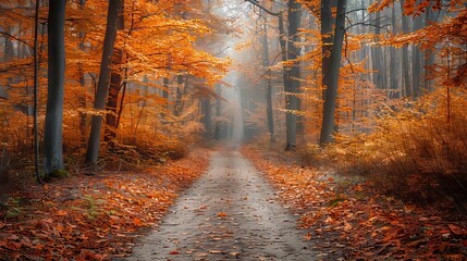 Obraz premium A Pathway Through an Autumnal Forest with Misty Ambiance