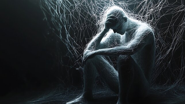 Caught in the Web of Chaos - 3D Render of Helpless Character Struggling with Dramatic Lighting