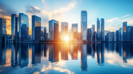 Obraz premium A modern skyscrapers of a smart city, futuristic district with buildings and reflections on the water surface, blue color background for corporate and business with sun rays of light.
