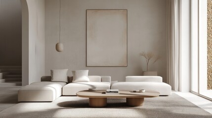 Bright, playful table contrasts with neutral tones and clean lines in a minimalist living room with soft, warm lighting.
