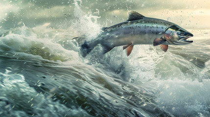 Obraz premium Salmon Leaping Through Water A Stunning Wildlife Image