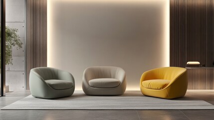 Clean, modern interior design with multicolored armchairs in a minimalist living room with soft lighting