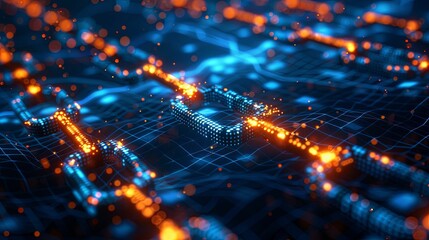 Fototapeta premium Glowing Chain Link on Abstract Blue Network Background