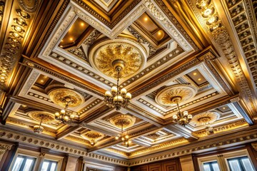 Fototapeta premium A majestic multi-tiered ceiling showcases recessed panels and delicately carved moldings, exuding an air of refinement and sophistication in every aspect.