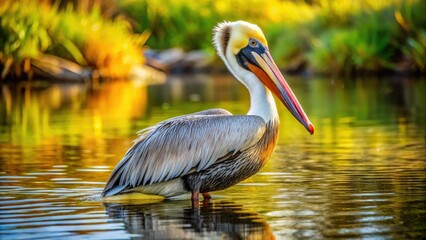 A majestic pelican stands in water, radiating wisdom with a contemplative gaze and serene expression, pondering the mysteries of life.