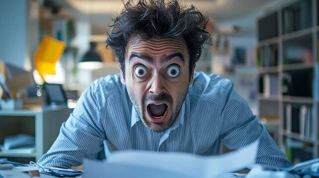 Overwhelmed Office Worker Surrounded by Chaos at a Cluttered Desk Close-up Portrait