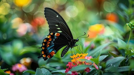 Black Butterfly with Orange and Blue Markings Feeding on Pink and Yellow Flowers