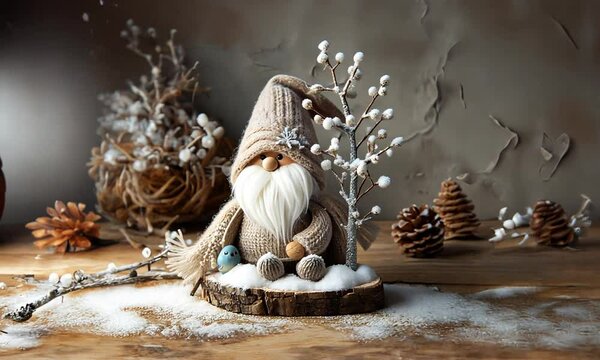 Adorable gnome de No&euml;l fait main en laine et bois, accompagn&eacute; d'un petit oiseau bleu sous un mini arbre, artisanat festif parfait pour les d&eacute;corations de No&euml;l