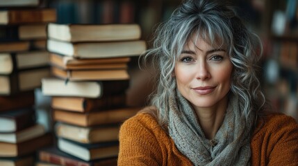 Portrait of a Woman with Gray Hair in a Library