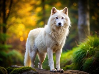 Obraz premium A majestic, white wolf-like dog stands proudly amidst a natural backdrop, bathed in the soft light of early morning, showcasing its regal presence.